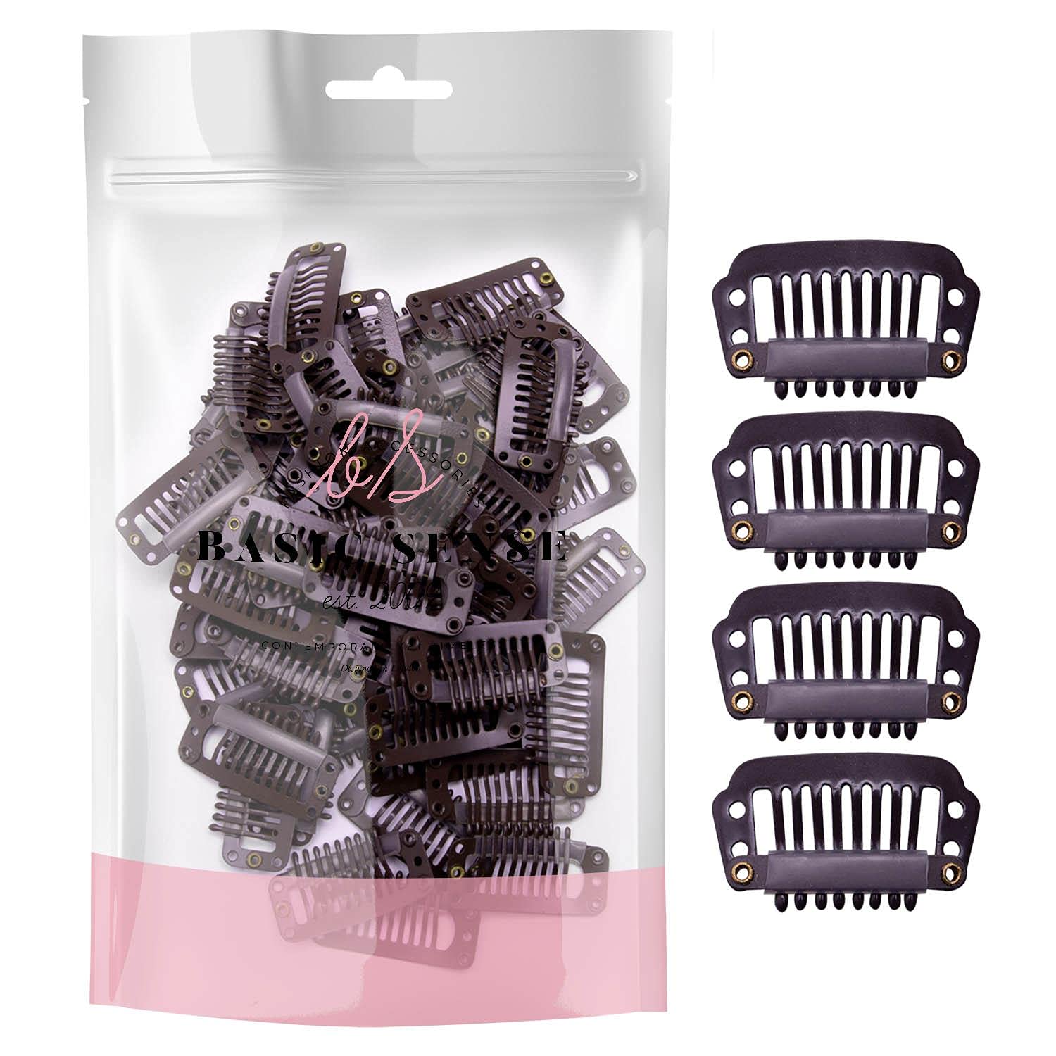 BasicSense 60 pcs Hair Extensions Strong Metal Snap Teeth Clips Hairpiece DIY Clip, Small Dark Brown