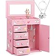 efubaby Upgrade Jewelry Box for Girls 5-Layer 9.09x5x9.84 inch with Swing Door Spinning Ballerina Unicorn&Castle Design with Unicorn Jewelry Set Kids Music Box for Birthday Christmas Gift Pink