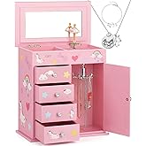efubaby Upgrade Jewelry Box for Girls 5-Layer 9.09x5x9.84 inch with Swing Door Spinning Ballerina Unicorn&Castle Design with Unicorn Jewelry Set Kids Music Box for Birthday Christmas Gift Pink