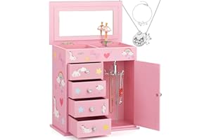 efubaby Upgrade Jewelry Box for Girls 5-Layer 9.09x5x9.84 inch with Swing Door Spinning Ballerina Unicorn&Castle Design with Unicorn Jewelry Set Kids Music Box for Birthday Christmas Gift Pink