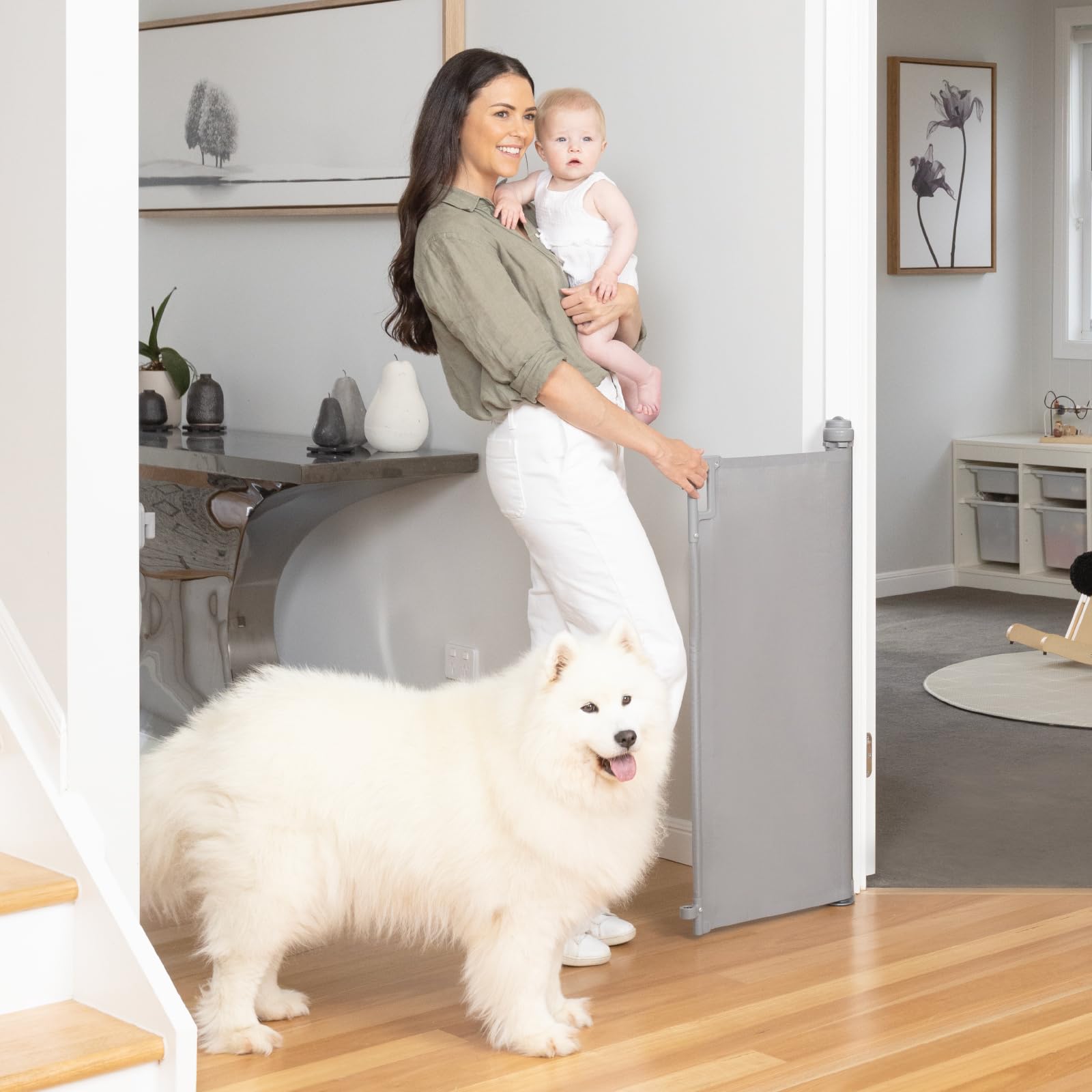 Indoor Outdoor Ultimate Retractable Safety Gate, 98cm Tall, Extends to 2m Wide, Extra Wide Stair Gate for Babies and Pets, One-Handed Operation, Wall Mounted, Space-Saving Design, Grey