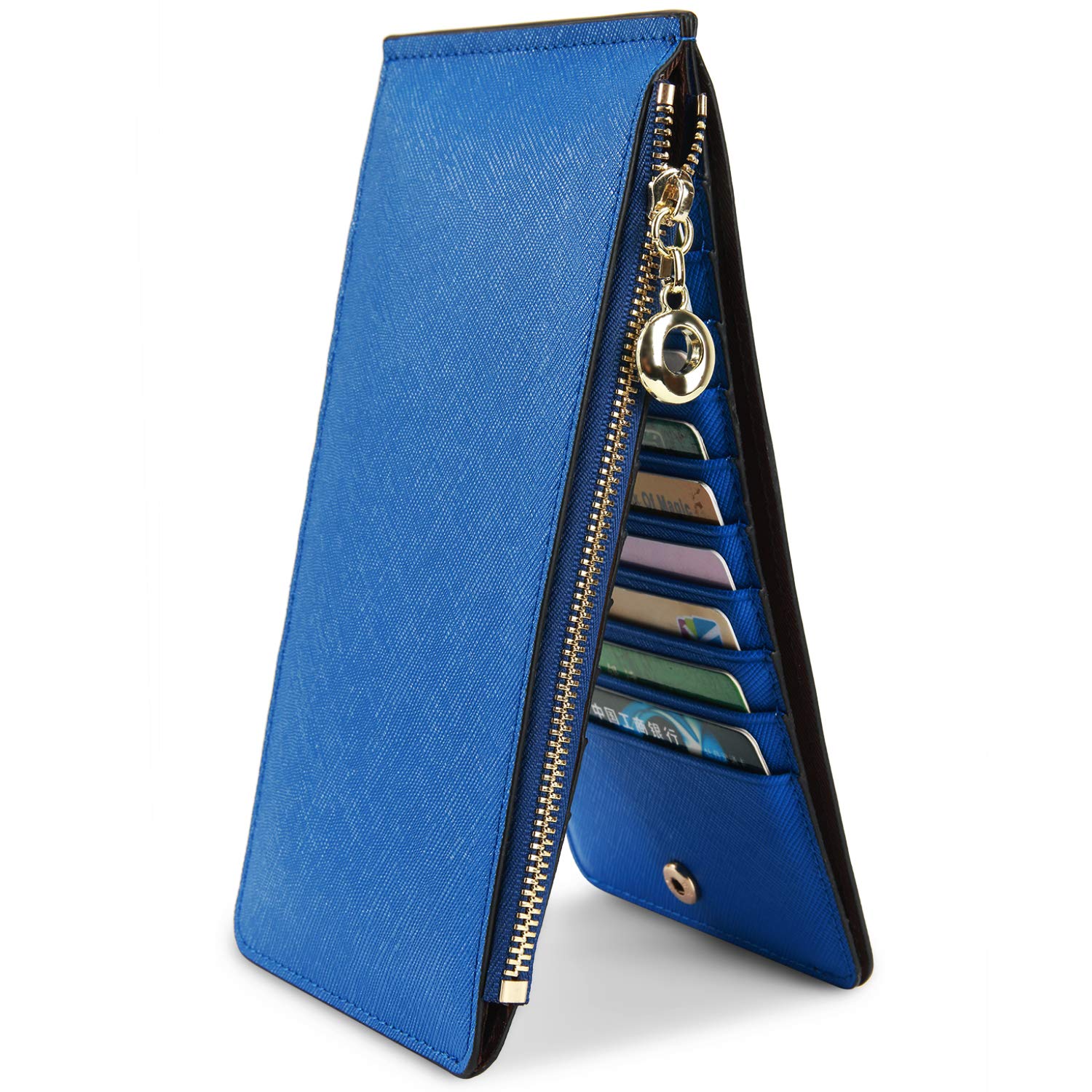 Women's Leather RFID Blocking Card Holder Phone Wallet 20 Card Slots Zip  Pocket Money Compartment Gift Box Packpage Crossing Lines Deep Blue