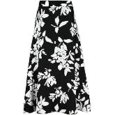 BEAUTYZIN Midi Skirts for Women A Line Skirt Elastic High Waist, Black Midi Skirt with Pockets, Fall Floral Skirt
