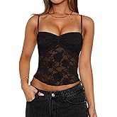 Womens Y2k Lace Floral Cami Tank Tops Going Out Crop Ruched Spaghetti Strap Mesh Slim Camisole Summer Tops