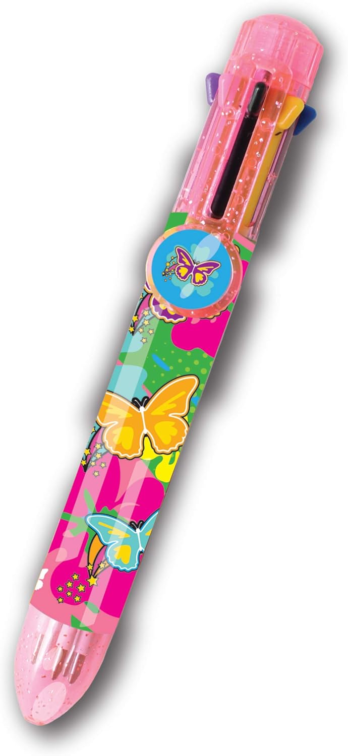 Rainbow Writer, Butterfly Pen by Deluxebase. 8-in-1 Multicolour Retractable Ballpoint Pen with a Pink Glitter Barrel