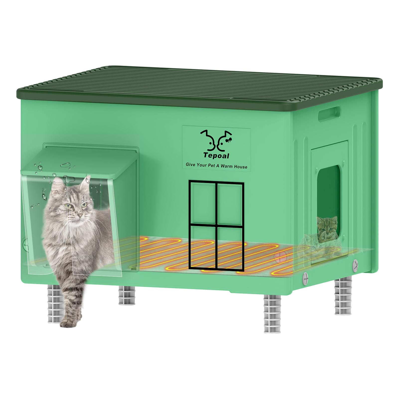 Large Indestructible Heated Cat House for Outside - Extremely Waterproof & Weatherproof Heated Outdoor Cat House with Escape Door for Winter, Insulated Feral Cat Shelter for Barn Strays, 22x17x17.5 in Image