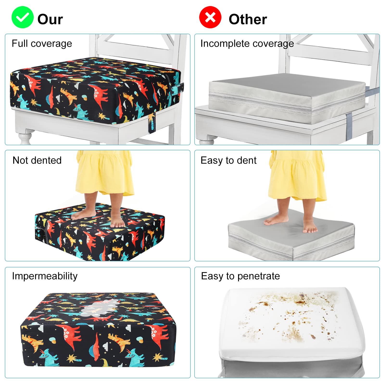 Toddler Booster Seat for Dining Table, Washable Thick Strong Support Portable Booster Chair for Toddlers Eating, Easy Cleaning Booster Seat Cushion Detachable with Fix Straps