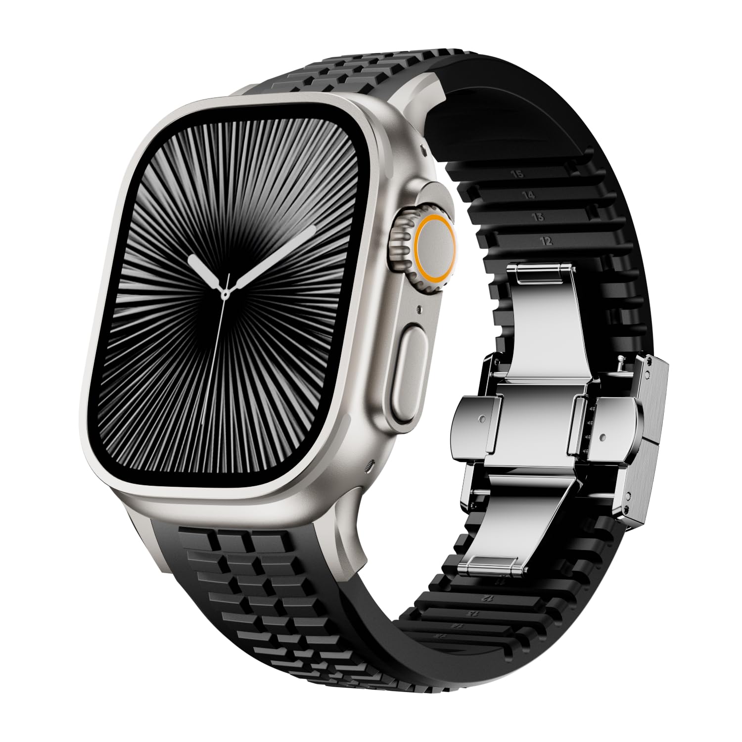 Photo 1 of Sport Band for Apple Watch Ultra 3 2 Band 49mm 46mm 45mm 44mm , Men Rugged Silicone Rubber Waterproof Strap with Metal 316L Stainless Steel Connector & Folding Clasp for iWatch Series 11 10 9 8 7 6 5 4 SE 3 2 1(Black-t)