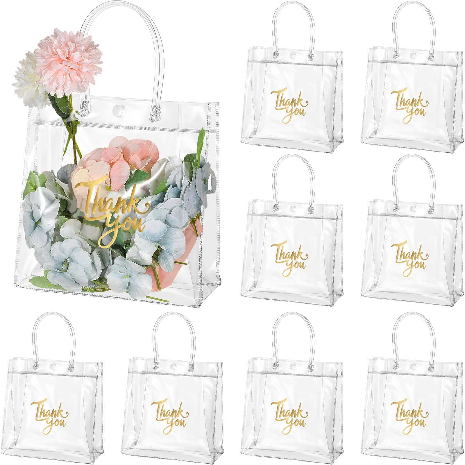 Photo 1 of Leinuosen 50 Pcs Clear Gift Bags with Handle - Transparent PVC Tote Bags for Wedding, Birthday, Party Favor (Clear, 7.8 x 7.8 x 3.1 Inch)