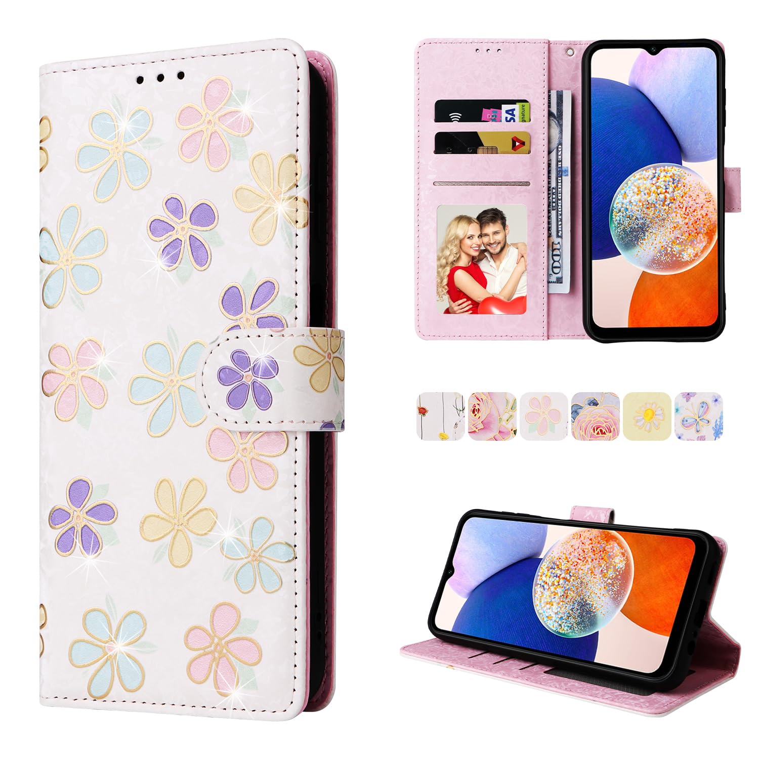 Photo 1 of UEEBAI Wallet Case for Samsung Galaxy A15 4G/5G, PU Leather Phone Cover Kickstand RFID Blocking Flip Case Card Slots Wrist Strap Relief Engraved Pattern Magnetic Closure Folio Cover - White Daisy