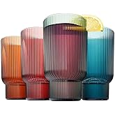 Khen Shatterproof Acrylic Tall Drinking Glasses Set, European Style, Dishwasher Safe, Ribbed | Set of 4 | Fluted Tritan Drinkware, Unbreakable BPA-free Plastic, Reusable Stackable Glassware 14.5oz