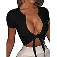 BORIFLORS Women's Sexy Tie Up Crop Top Short Sleeve Deep V Neck Casual Basic T Shirt