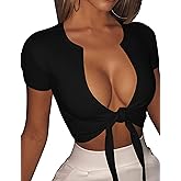 BORIFLORS Women's Sexy Tie Up Crop Top Short Sleeve Deep V Neck Casual Basic T Shirt