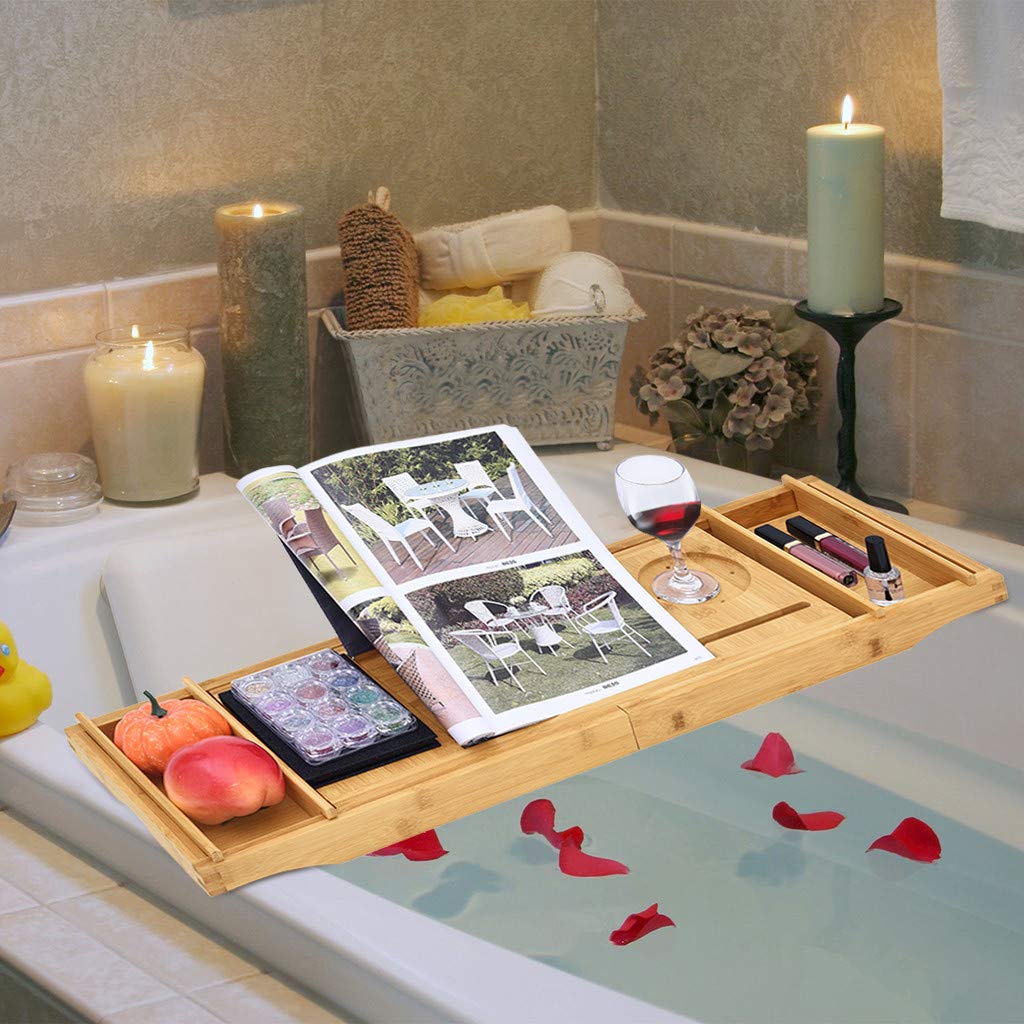 Bamboo Bathtub Caddy Tray with Wine and Book Holder Bamboo One or Two Person Bath Tray Luxury Spa Organizer with Folding Sides Adjustment Breakfast Serving Tray
