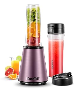 ICOOKPOT Personal Blender with Two 18oz BPA-Free Portable Sports Bottles and Travel Lid for Shakes and Smoothies Frozen Fruit Vegetable Juice Blender Baby Food Maker