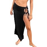 Tomosc Womens Crochet Cover Up Skirt Knit Side Slit Long Coverups for Sarong Swimwear Beach Wrap Black Large