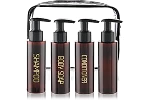 HETHYO Travel Bottles Plastic Pump Bottle Dispenser Tsa Approved 3.4oz/100ml 4 Pack Travel Refillable Shampoo and Conditioner Bottles Empty Travel Size Bottles for Cosmetic, Lotion, Liquid Soap (Brown)