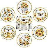 Drink Coasters for Drinks Set of 6, Watercolor Sunflower Cute Bee Absorbent Round Ceramic Stone Mat, with Cork Base and Metal Holder, Home Bar Decor House Warming Gift