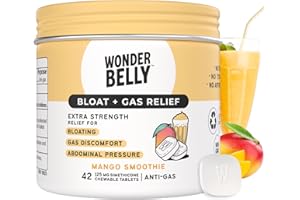 Wonderbelly Bloat + Gas Relief, Extra Strength Chewable Tablets, with 125 mg Simethicone, No Talc or Dye, Mango Smoothie, 42 Count