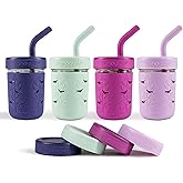 Pandaloo Mason Jar Toddler Cup | 8 oz Glass Cups with Silicone Sleeve & Lids | Spill-Resistant Smoothie & Snack Cups for Kids | BPA-Free | Stainless Steel Inner Straw