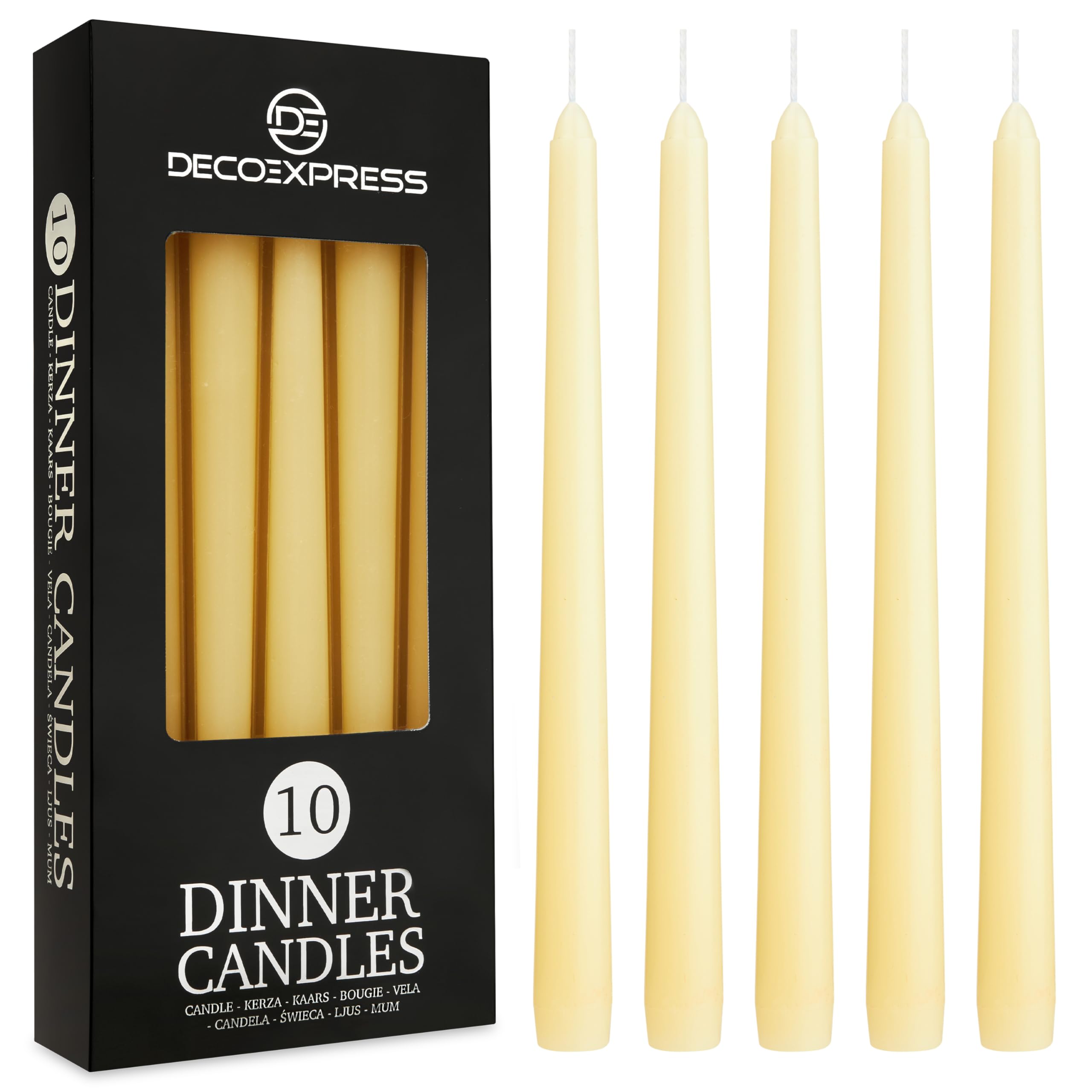 DECO EXPRESS Candles Set, Pack of 10 Classic Dripless Tapered Metallic Dinner Candles, Unscented with 8 Hours Burning Time, Home, Valentine’s Day & Mother’s Day Decor Idea (Ivory, 10 Pack)