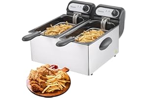 VEXON 3000W Electric Deep Fryer With 2 Baskets & Lids,2x3L Stainless Steel Double Deep Fryer,Commercial Deep Fryer for Kitchen, Fry Fish,Temperature Control,Overheat Protection