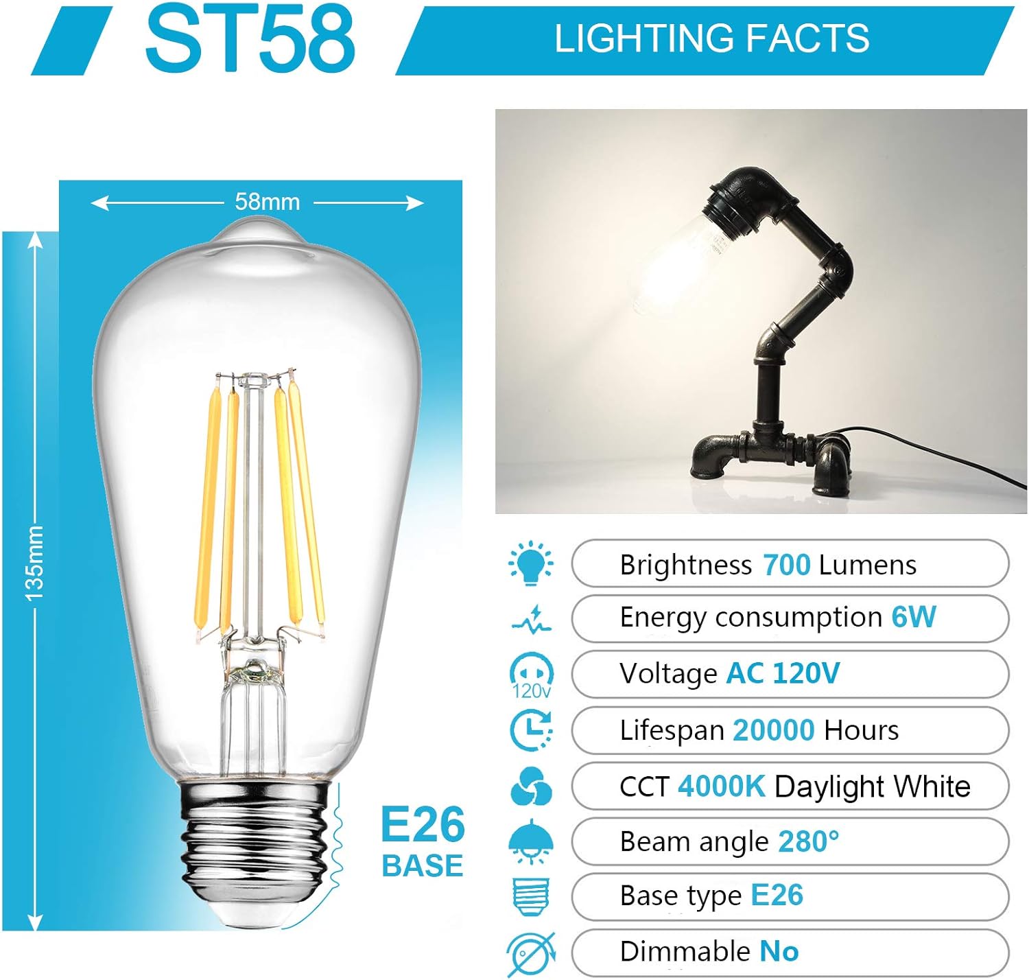 Ascher Vintage LED Edison Bulbs, 6W, Equivalent 60W, High Brightness Daylight White 4000K, ST58 Antique LED Filament Bulbs, E26 Medium Base, Non Dimmable, Clear Glass, Pack of 6 - - 