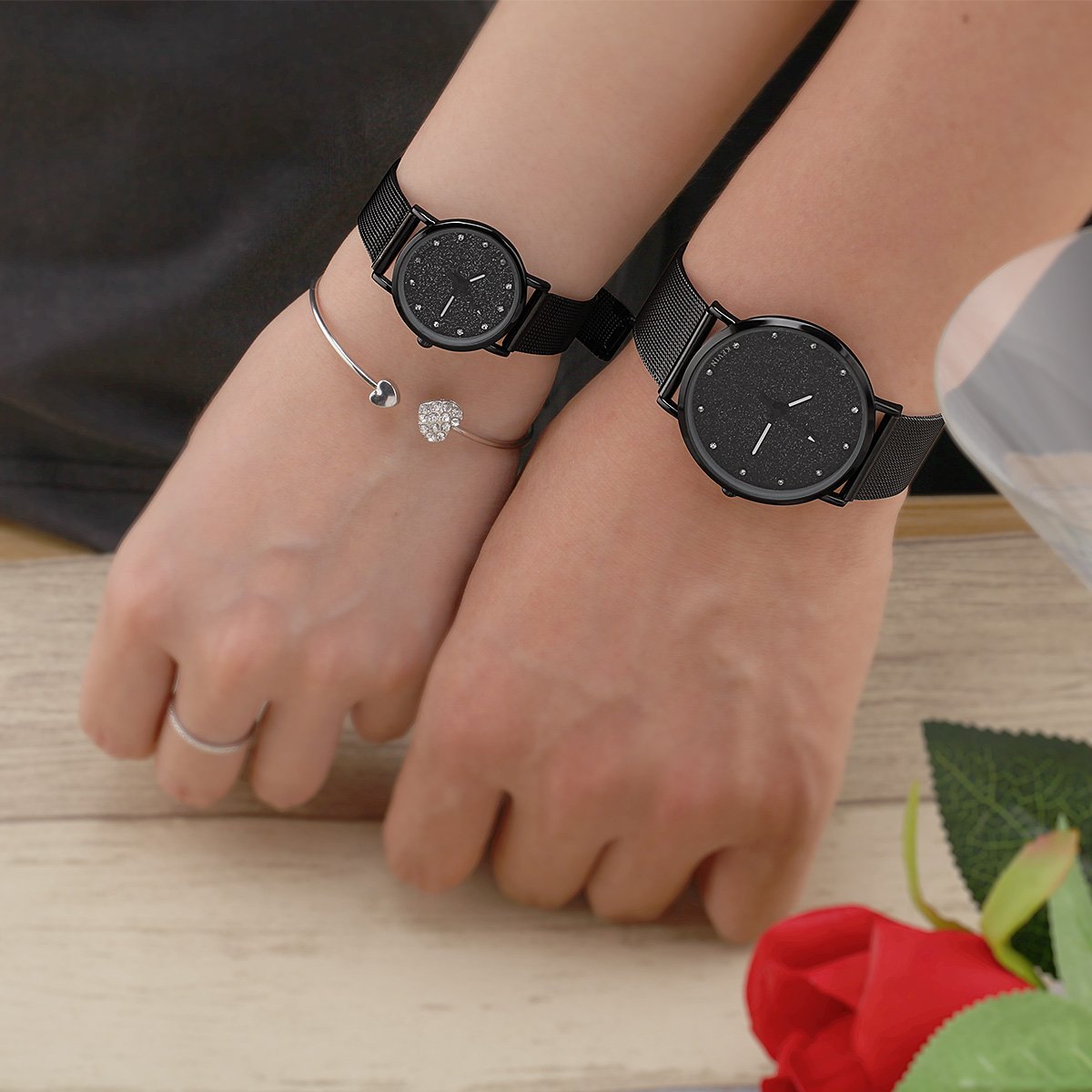 LONGQI Rhinestone Couple Mesh Watch Starry Dial Round Case Sparkling Wristwatch Holiday Gift (Couple)