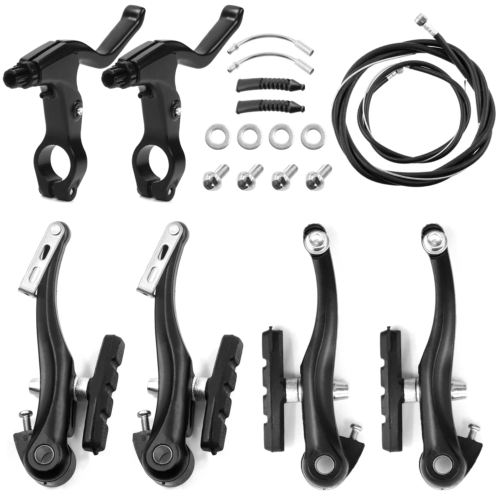 Glarks 8 Pcs Bike Brake Set - 2 Pairs Black V Type Brakes, 1 Pair Handlebar Levers, 2 Front and Rear Cables for Mountain and Road Bikes