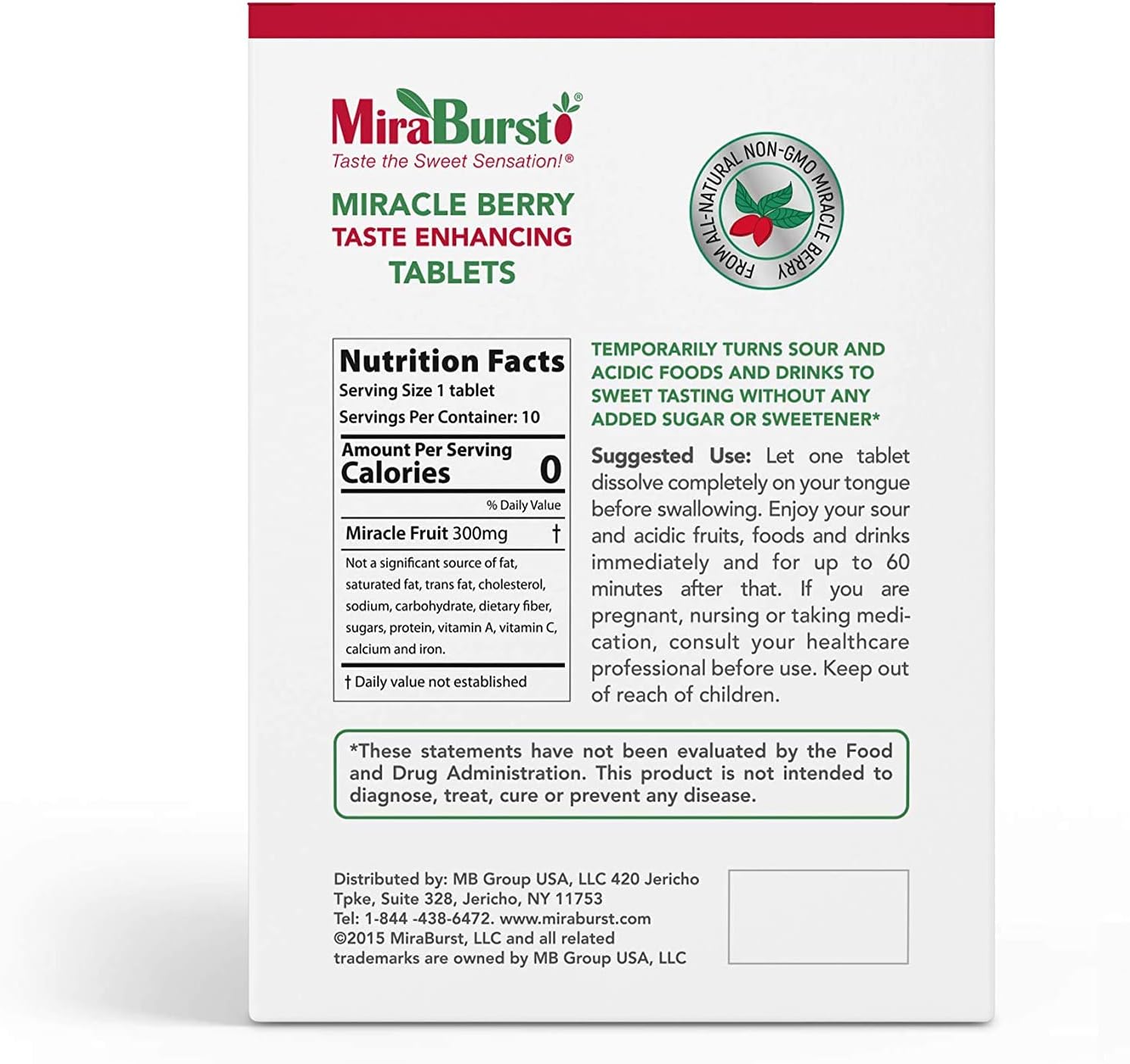 MiraBurst Taste Enhancing Miracle Berry Tablets (10 Count), Produced from 100% Pure Miracle Fruit Powder, No Additives, No Preservatives, Non-GMO, Vegan, Turns Sour and Acidic Food and Drinks Sweet: Health & Personal Care