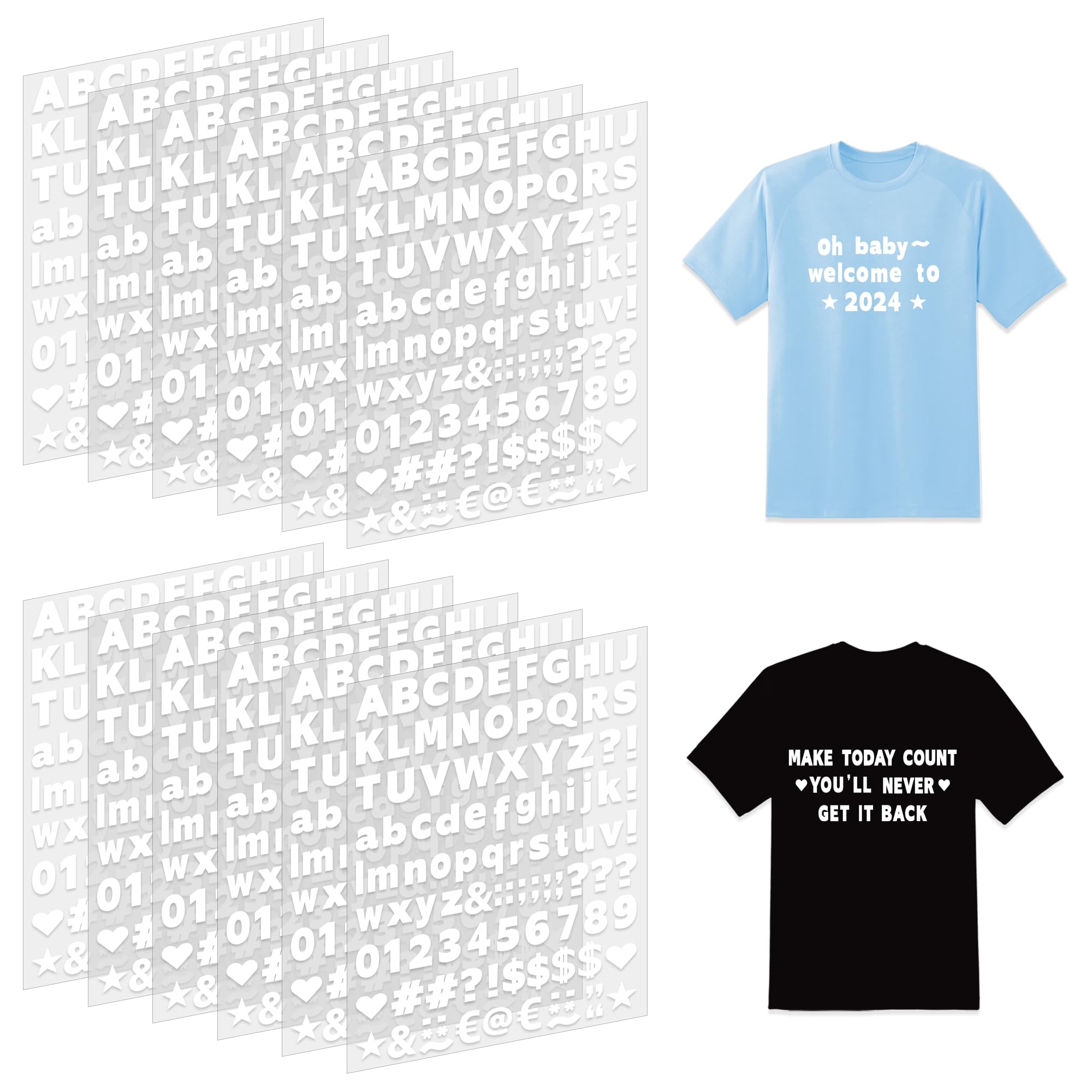 Photo 1 of 10 Sheets Iron On Letters 1200Pcs Vinyl Iron On Letters for Clothing 0.75 Inch Heat Transfer Letters with A-Z Heat Press Alphabet Stickers for Fabric T-Shirt Jerseys Hats Printing DIY Crafts (White)
