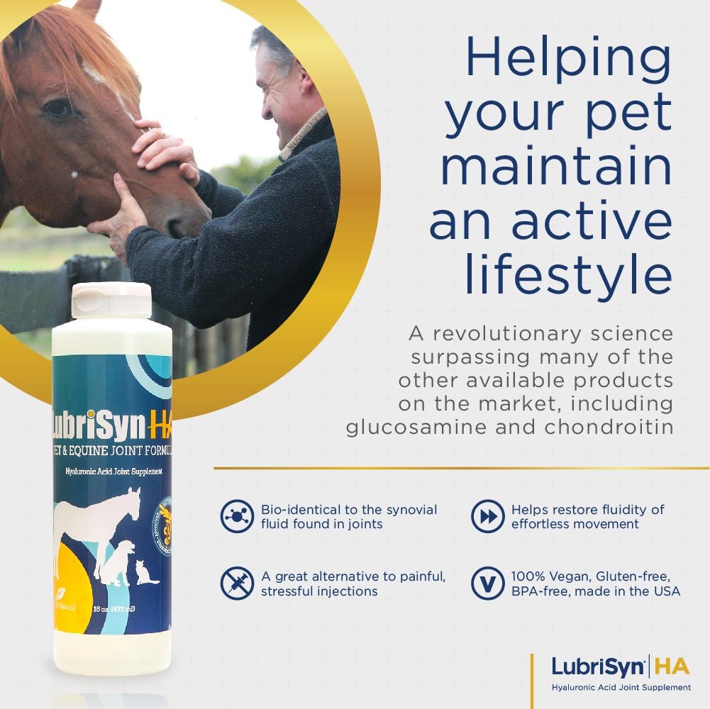LubriSynHA Hyaluronic Acid Pet & Equine Joint Formula 16oz - All-Natural, High-Molecular Weight Liquid Hyaluronan - Joint Support for Horses, Dogs, Cats - Promotes Healthy Joint Function, Made in USA : Horse Nutritional Supplements And Remedies : Pet Supplies