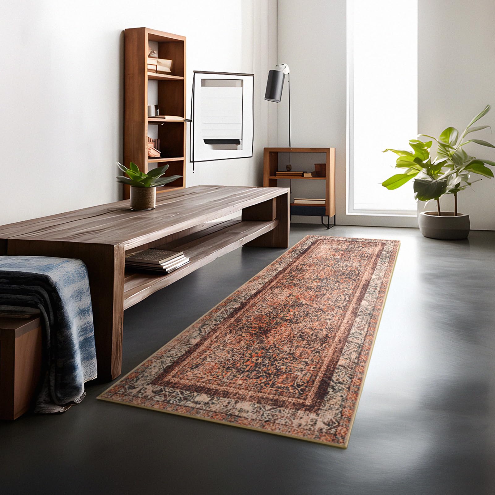 Photo 1 of Phantoscope Hallway Runner Rug 2'x6' - Boho Washable Non-Slip Kitchen Rug Runner, Ultra-Thin Vintage Distressed Accent Throw R UG for Entryway Laundry Bathroom Bedroom, Brick Red/Black