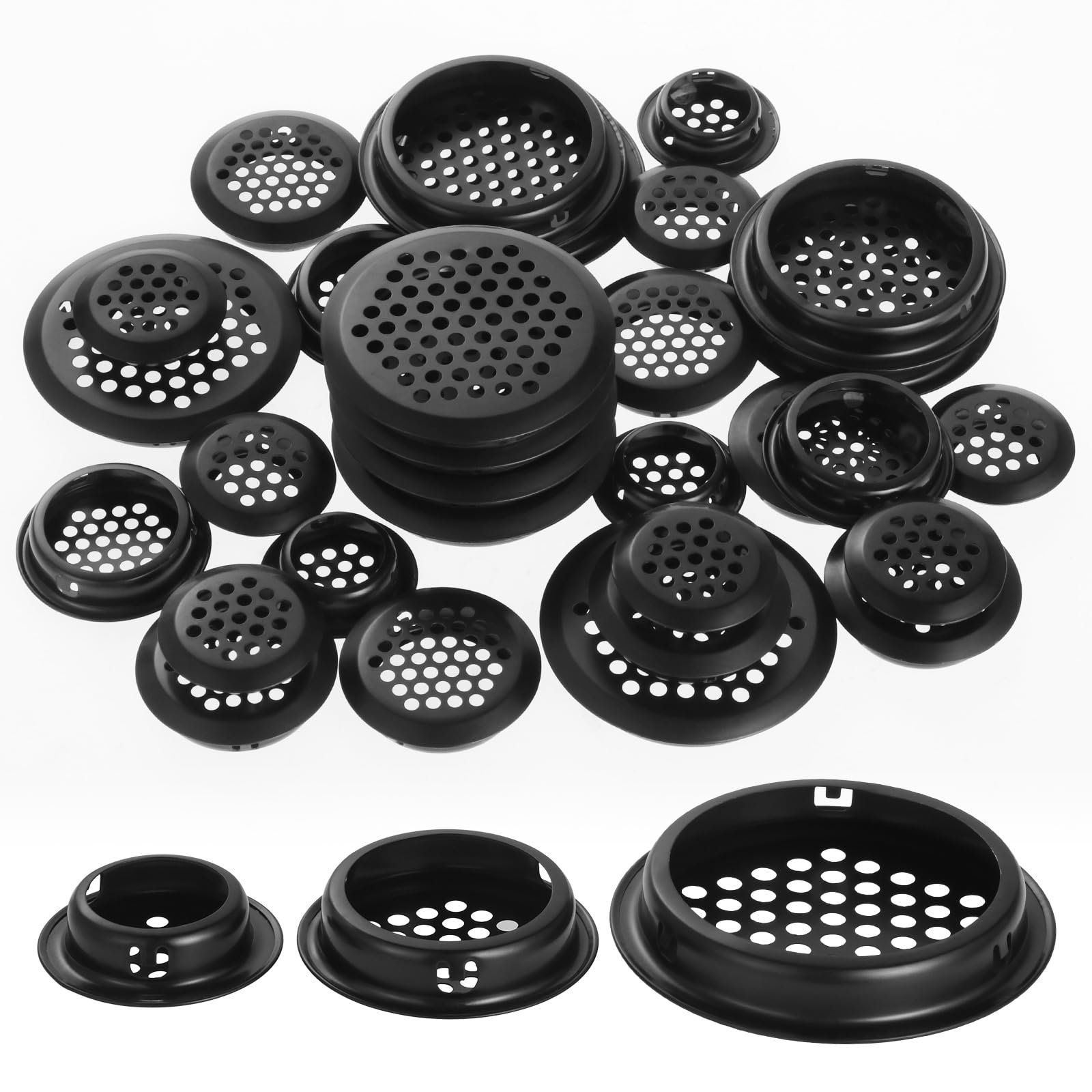 Mynoozi 30 Pcs Round Air Vents (10pcs 25mm+10pcs 35mm+10pcs 53mm), Stainless Steel Air Vent Hole, Round Mesh Hole, Round Ventilation Grilles for Kitchen, Bathroom, Cupboard and Wardrobe (Black)