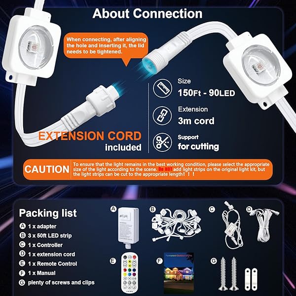 SUPER RGB PERMANENT OUTDOOR LIGHTS 150FT, SMART RGB+IC EAVE LIGHTS WITH REMOTE APP CONTROL, DIY LED COLOR INDIVIDUAL, WHITE & COLORFUL CHRISTMAS STRING LIGHT, IP67 WATERPROOF FOR HOUSE OUTSIDE DECOR