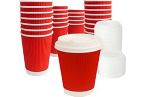 12oz Rippled Coffee Cups with Lids – Set of 50 Red Disposable Cups for Hot and Cold Drinks – Corrugated Paper Cups with Lids 