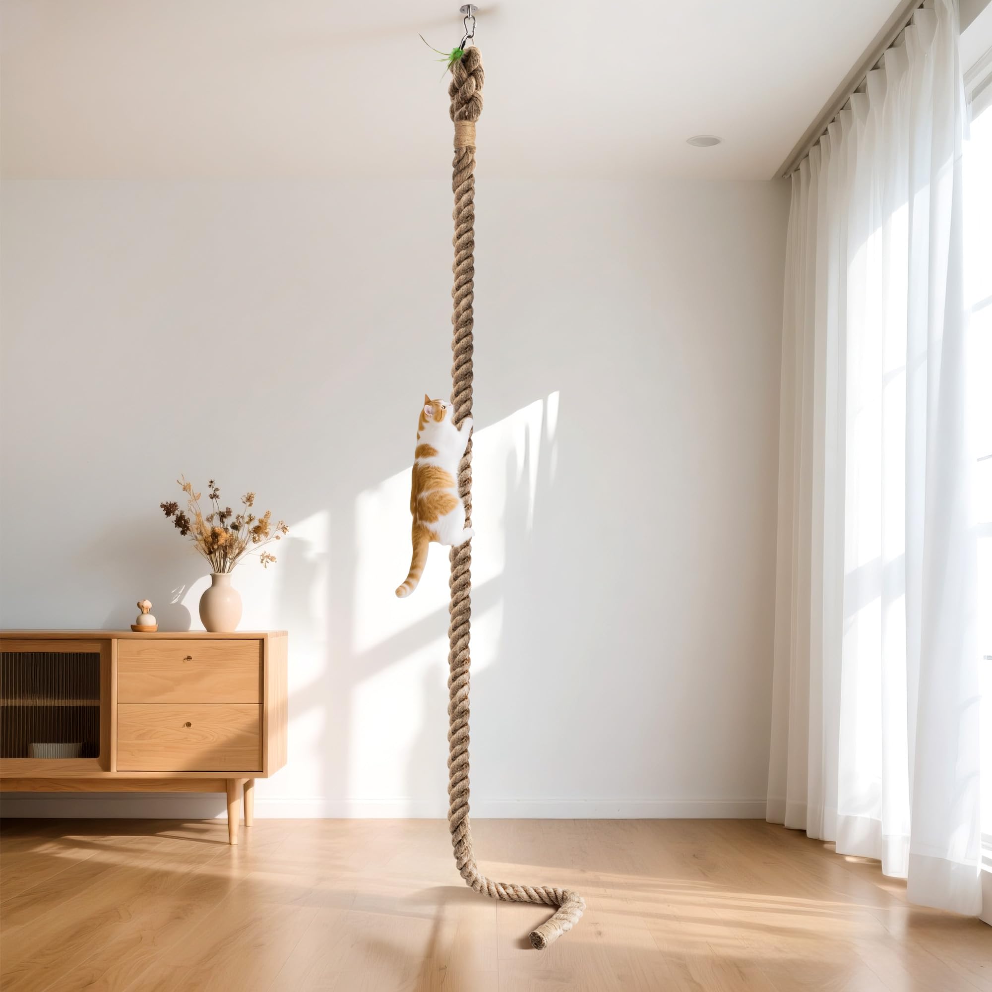 Photo 1 of 2" x 9.84Ft Cat Climbing Rope with Hook for Ceiling & Wall Mounted, Natural Sisal Rope for Cat Scratcher with Feather Toy for Indoor/Outdoor Cats, Durable Cat Tree Replacement Rope