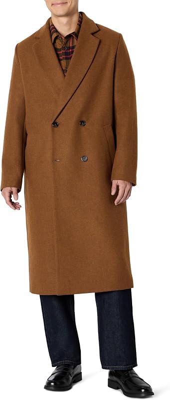 Abrigo Largo de Mezcla de Lana con Doble Botonadura y Corte Holgado Hombre, Caramelo Mezcla, L