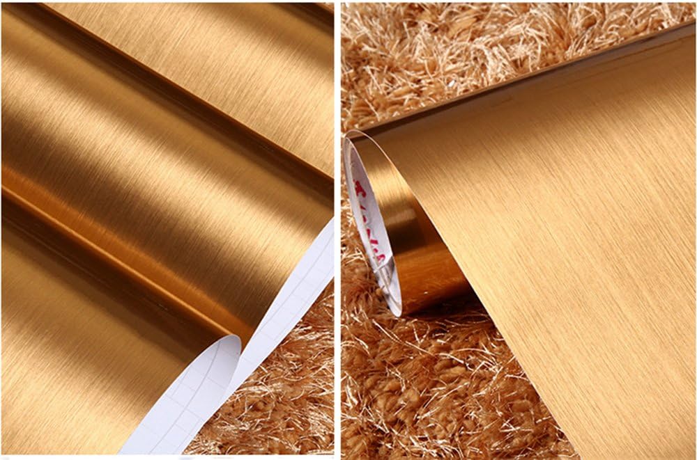 JIUBING Brushed Metal Look Contact Paper Film Vinyl Self Adhesive Backing Waterproof Metallic Gloss Shelf Liner Peel and Stick Wall Decal for Covering Counter Top Kitchen Cabinet (24''x118'', Golden)