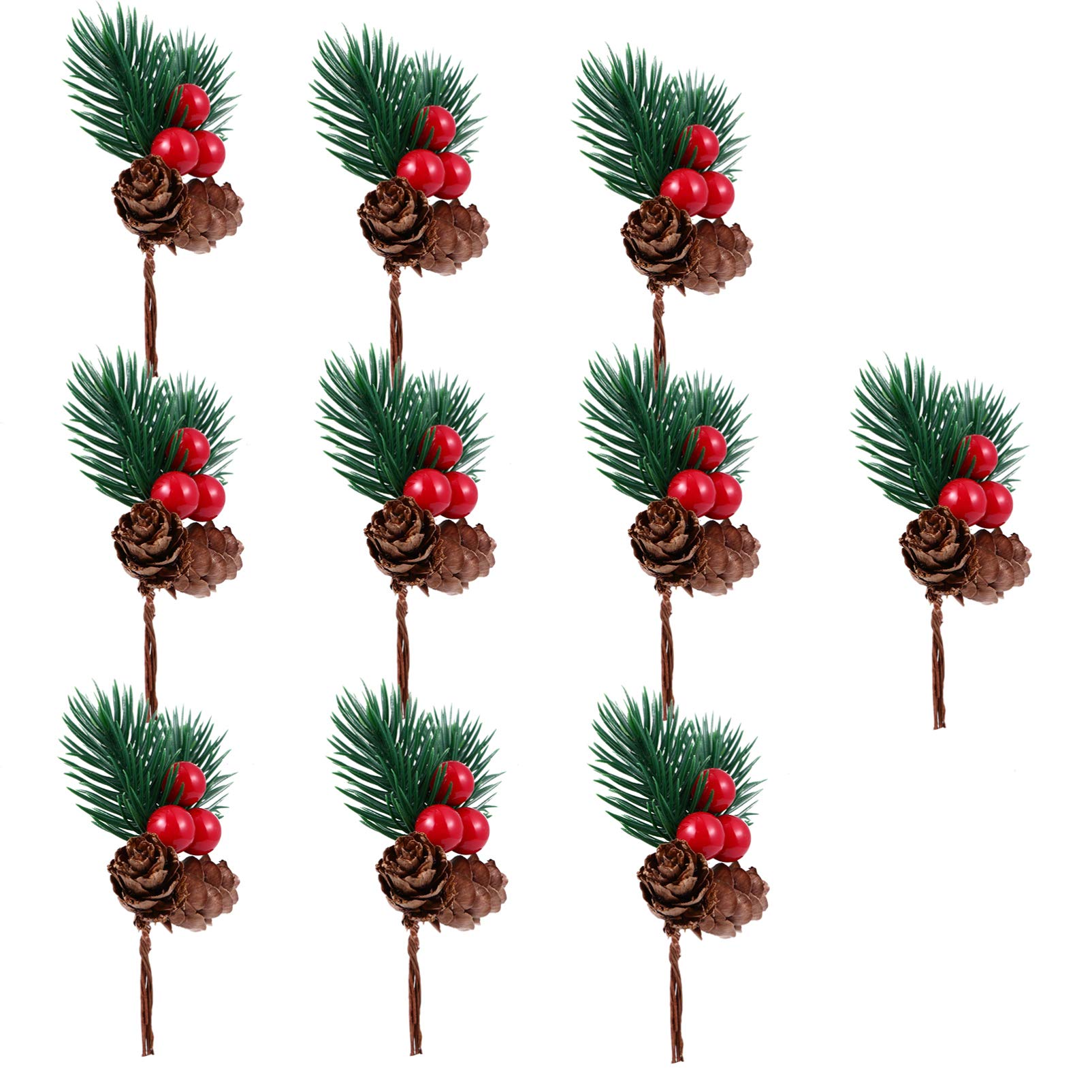 TOYANDONA 10Pcs Red Holly Berries Stems Christmas Pine Branches Artificial Pine Cones Branch Craft Wreath Pick Winter Holiday Floral Picks Holly Stem For Decoration Xmas Garland Crafts