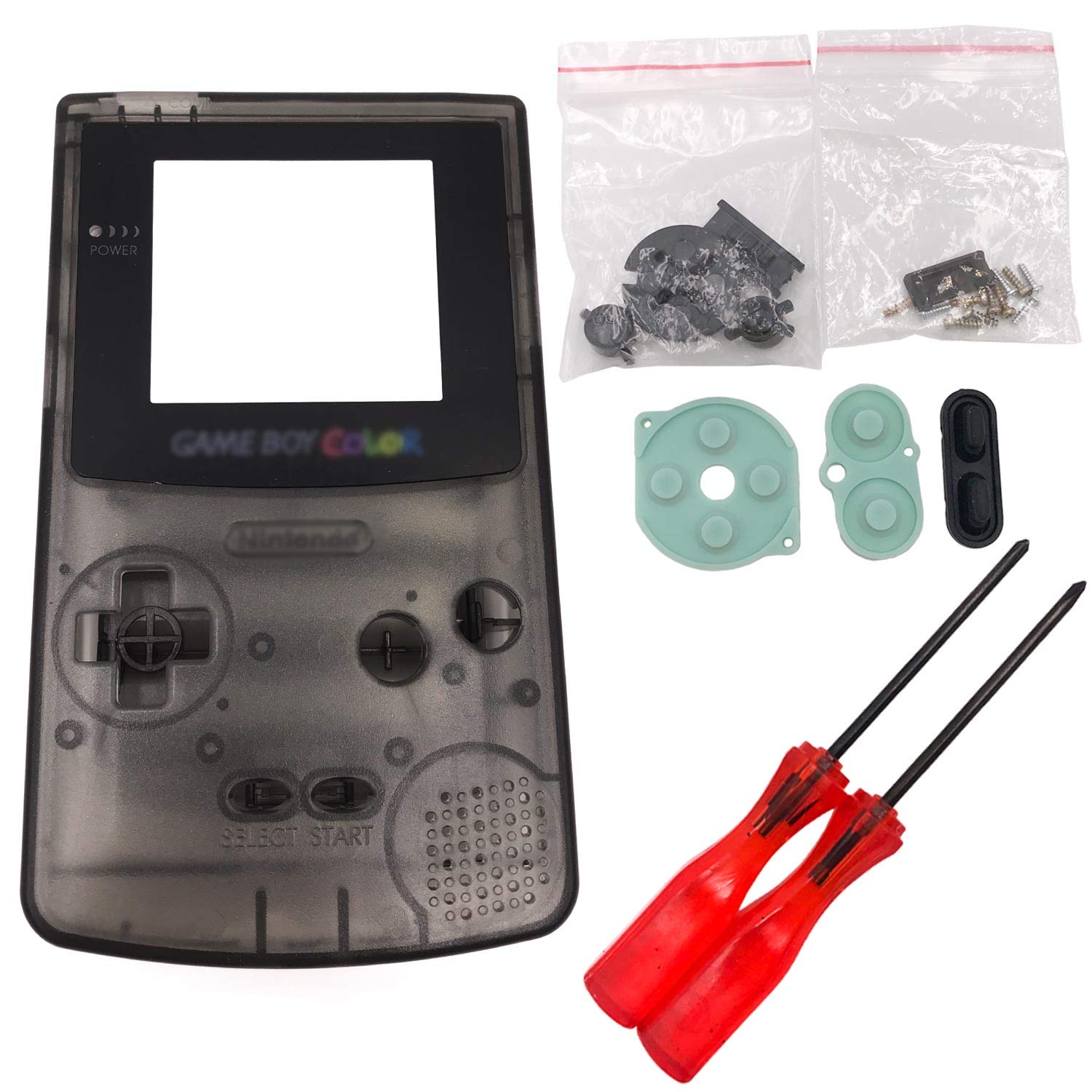 Totento Full Housing Shell Case Cover Replacement Parts with Screwdriver for Nintendo Gameboy Color, GBC (Transparent Black)