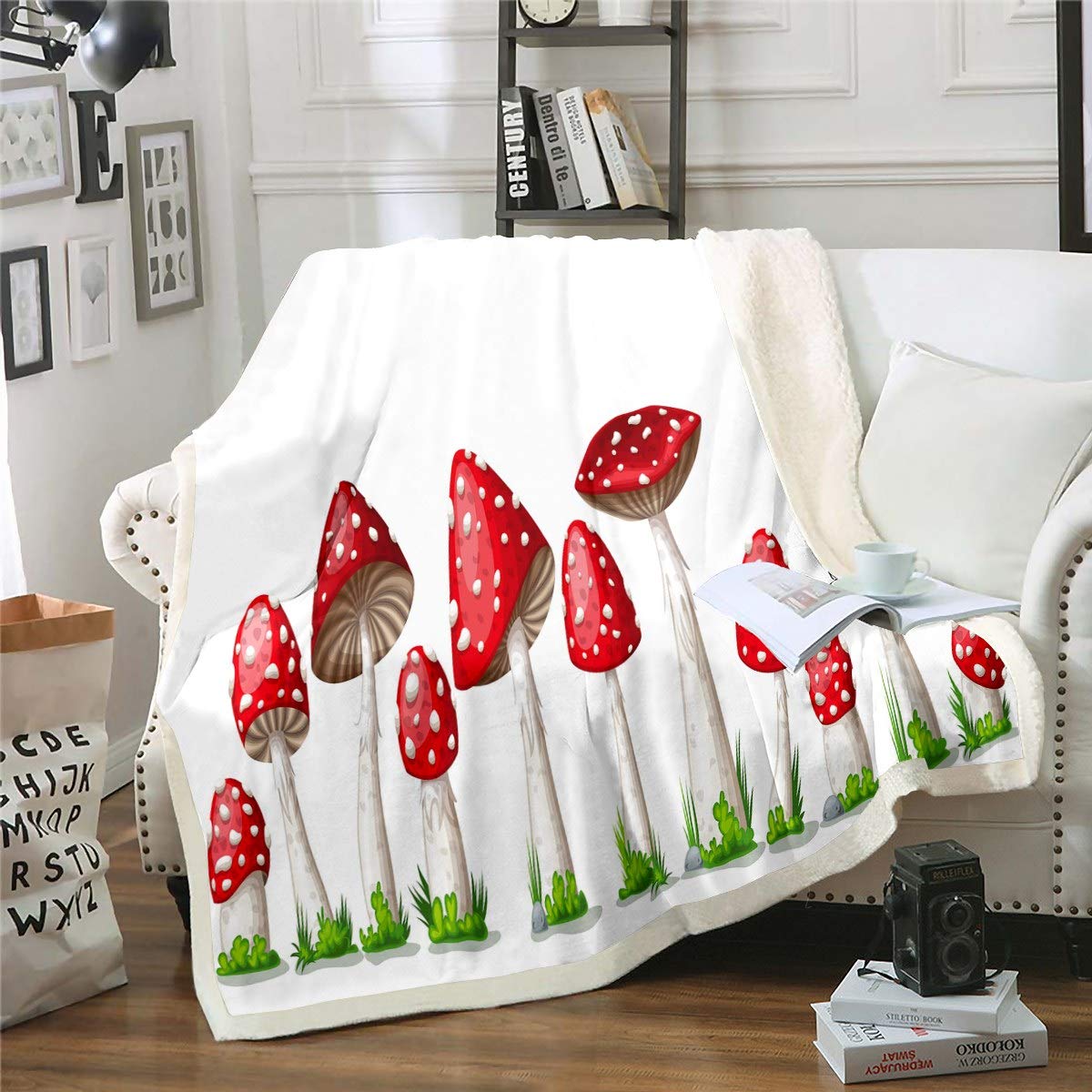Loussiesd Mushrooms Throw Blanket Botanical Plants Print Fleece Sherpa Blanket Plush Blanket for Chair Sofa Couch Microfiber Cartoon Red Mushrooms Room Decor Reversible Single 50"x60"