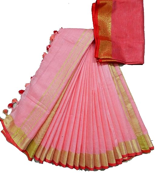 Women's Jivika Linen Slub Saree with Contrast Blouse (CSZCP95, Gajri Pink and Red)