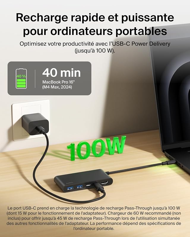 Hub USB-C Ports avec HDMI 4K à 60 Hz, Power Delivery 100 W, Transfert de Données 5 Gbit/s, pour MacBook, iPad Pro, Chromebook, Etc., HDMI 2.0 - Noir