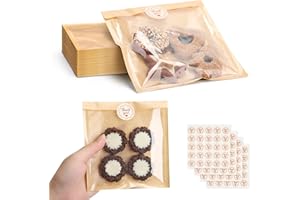 HONKID 100 Pack Cookie Packaging Bags With Seal Stickers,7.1x7.5 Inch Food-Grade Bakery Bags With Window, Heat Sealable Paper Cookie Sleeves for Homemade, Sandwich, Cookies, Cakes, Brown, Donut