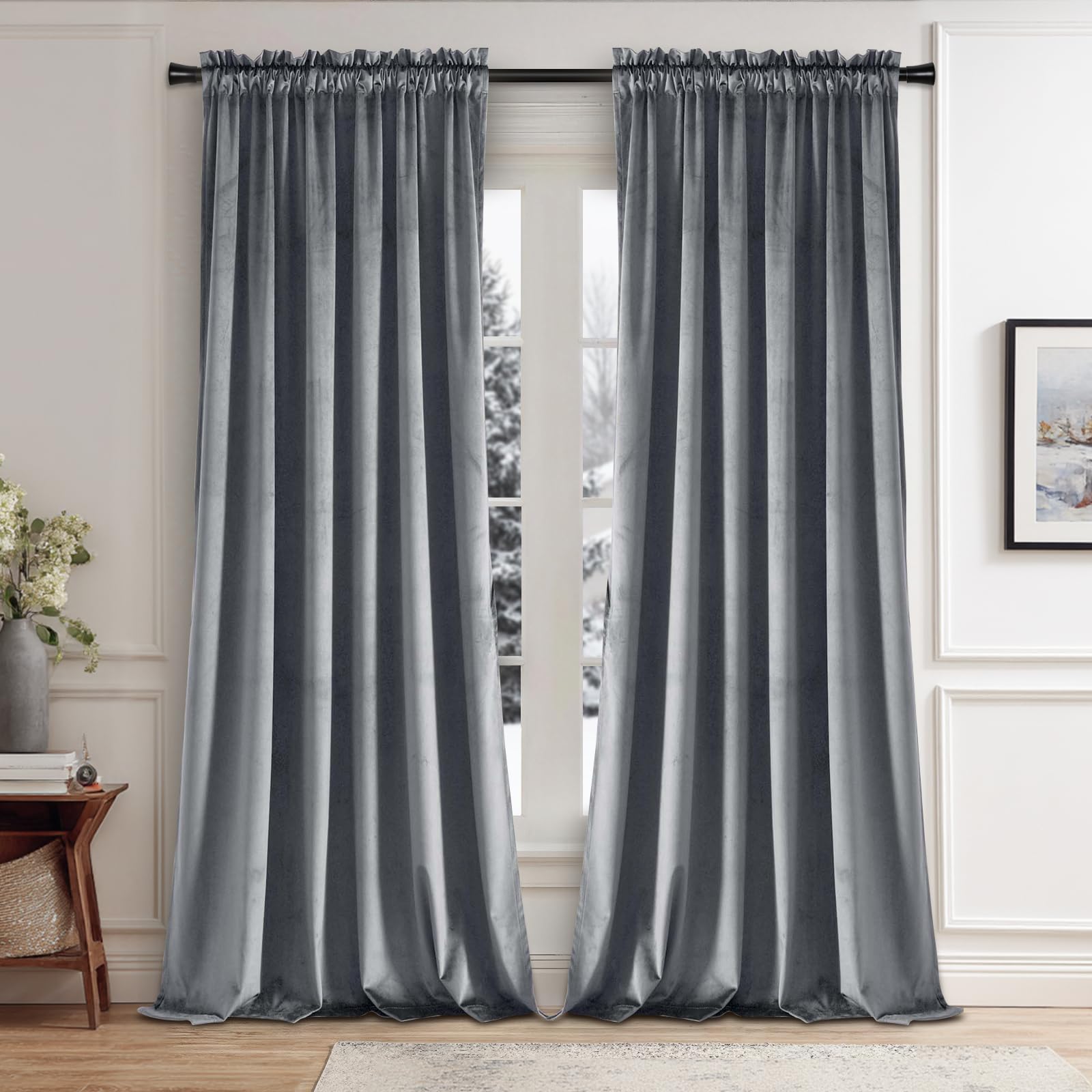 JIUZHEN Grey Velvet Curtains 108 inches for Living Room - Soft Retro Blackout Velvet Drapes Rod Pocket Room Darkening Thermal Insulated for Bedroom/Gallery, 70W x 108L, 2 Panels with Tiebacks Image