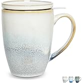 Bosmarlin Ceramic Tea Cup with Infuser and Lid, 13.5 Oz, Loose Leaf Tea Steeper Mug with Strainer, Microwave and Dishwasher Safe, Reactive Glaze (13.5 Oz, Grey White)