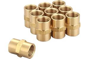 T TANYA HARDWARE Brass Coupling 1/4 Inch NPT Female x 1/4 Inch NPT Female Hex Head Pipe Fitting, Pack of 10, Compressor connector 1/4 fnpt to 1/4 fnpt Coupler, Air Hose Adapter Brass Fittings