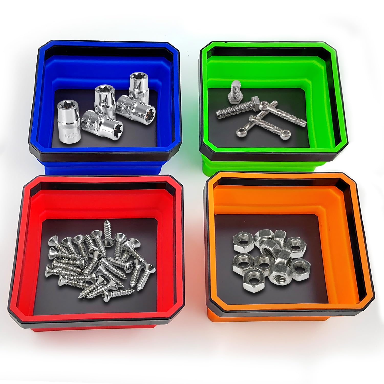 4 Pack Magnetic Tray Set, Collapsible Magnetic Base Silicone Bowls, Magnetic Tool Tray for Screw, Magnetic Parts Tray,Mechanics Tools