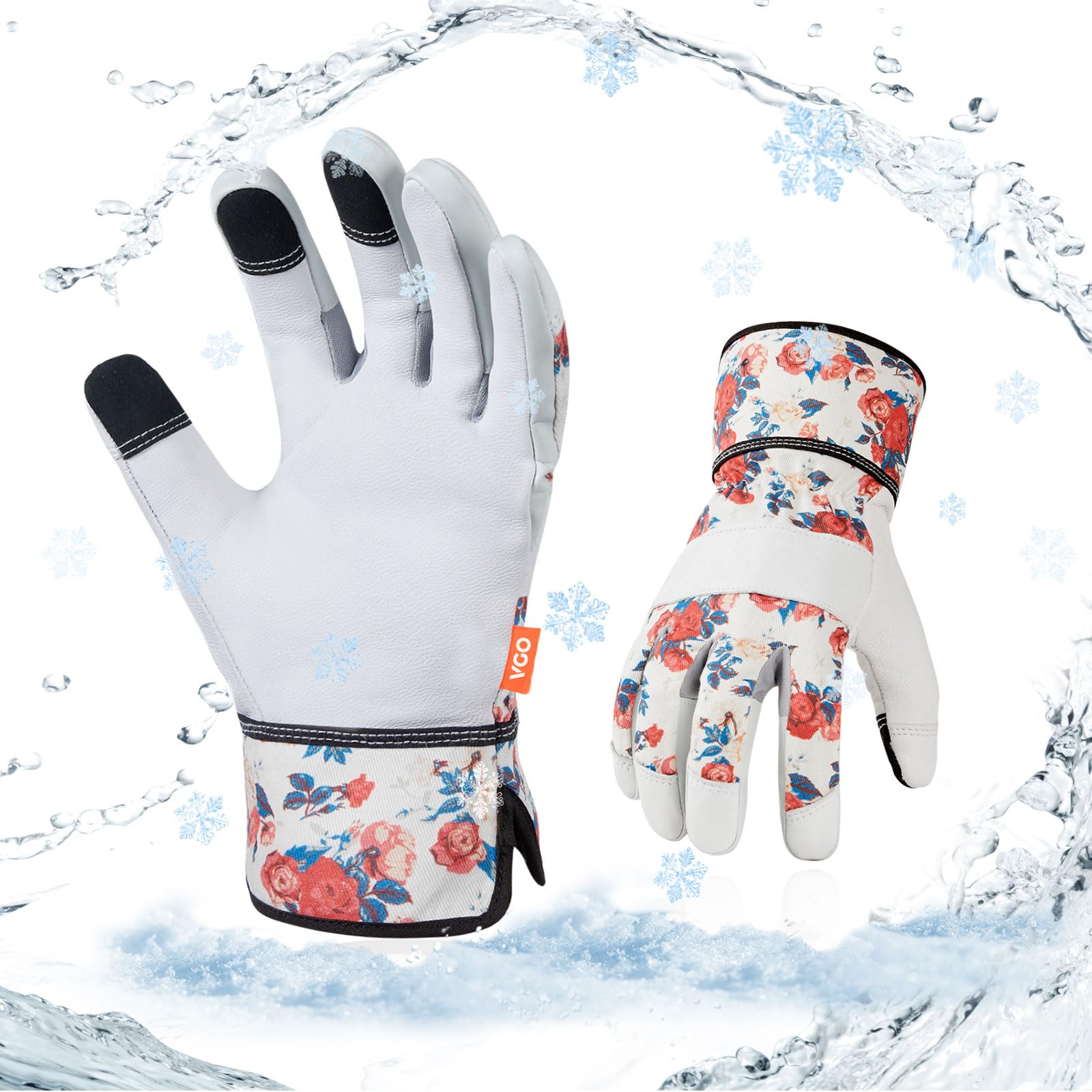 Vgo... 5℃/41°F Winter Work Goat Leather Gloves, Cold Weather Gardening Gloves 1Pair GA3561FL-ML(White,XS)